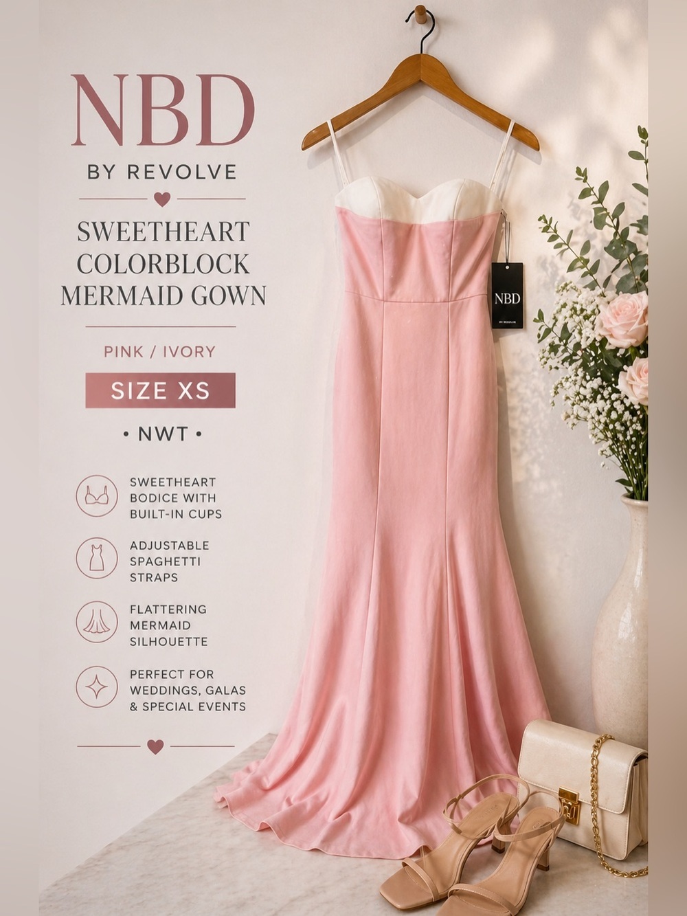 NBD By Revolve Sweetheart Colorblock Mermaid Gown Pink Ivory XS NWT